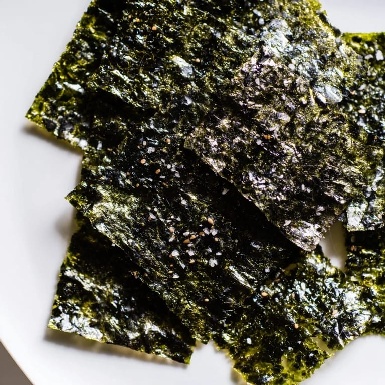 Crispy roasted seaweed chips cooling on parchment paper, perfect vegan snack with a satisfying crunch and savory seaweed flavor.