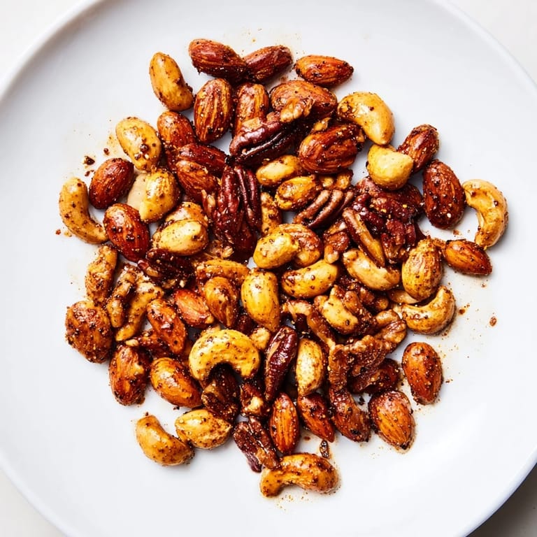 A bowl of homemade Spiced Nuts Mix, paired with cheese and crackers for an easy party appetizer.