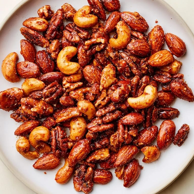 Close-up of aromatic Spiced Nuts Mix on a parchment-lined tray, fresh from the oven and glistening.  