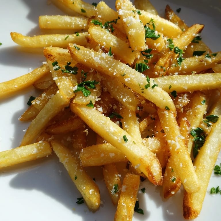 Crispy oven-baked Truffle Parmesan Fries tossed in fragrant truffle oil, served hot alongside a creamy dipping sauce for a savory snack.