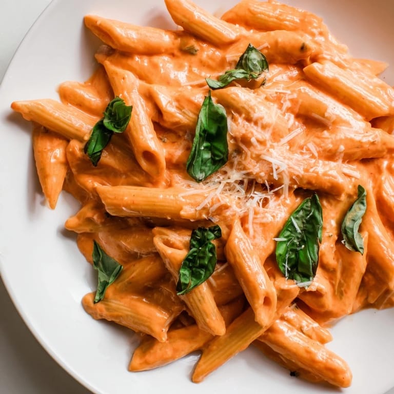 Close-up of Roasted Red Pepper Pasta in a skillet with garlic and onions.