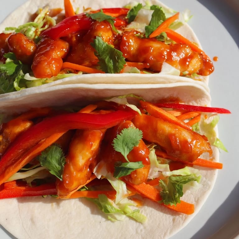 Stuffed Honey Sriracha Chicken Wrap resting on a plate, garnished with fresh cilantro and ready to serve with iced tea.