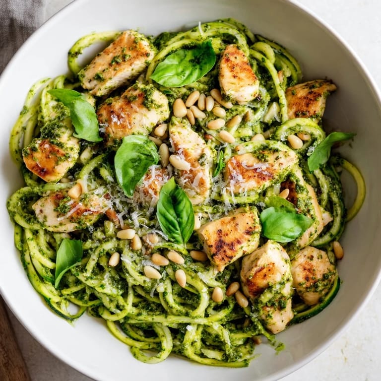 A close-up of a Pesto Zucchini Chicken Bowl highlights twirled green zoodles, savory chicken, and a drizzle of lemony pesto sauce.