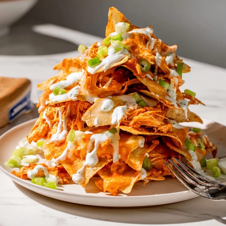 Crispy tortilla chips topped with spicy buffalo chicken, fresh green onions, and diced celery for game day.