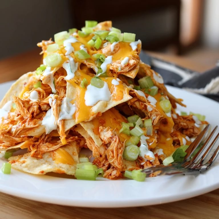 Golden melted cheese on Buffalo Chicken Nachos with a cool ranch drizzle and vibrant cilantro garnish.