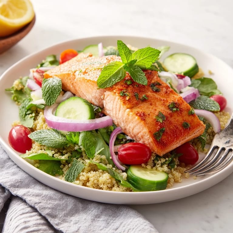 A warm plate of Lemon Herb Salmon Salad features tender salmon over fluffy quinoa, crisp vegetables, and aromatic herbs, perfect for a healthy weeknight dinner.