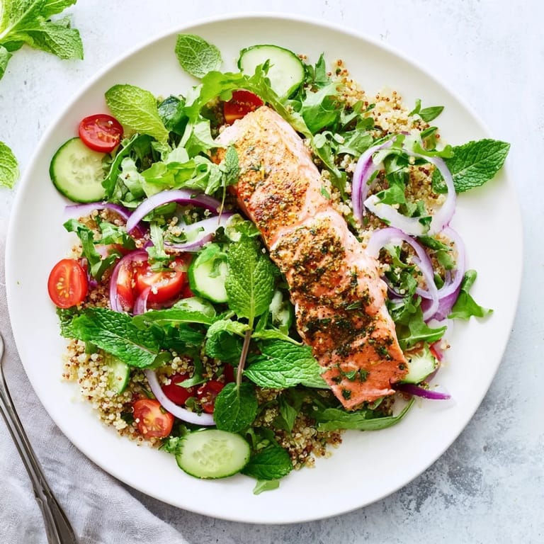 Colorful ingredients like arugula, spinach, red onion, and dill surround golden-baked salmon in this nutritious Lemon Herb Salmon Salad, ready to serve.