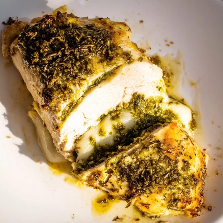 A close-up shot of Mozzarella & Pesto Stuffed Chicken revealing juicy interior layers of creamy mozzarella and vibrant green basil pesto filling.