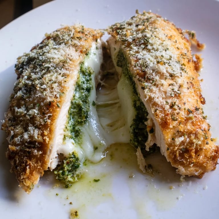 Fresh basil leaves garnish Mozzarella & Pesto Stuffed Chicken resting beside roasted tomatoes on a rustic wooden table, perfect for a low-carb Italian dinner.