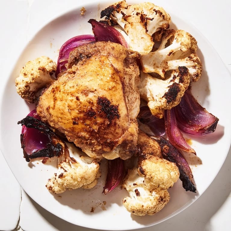 A close-up of the Roasted Cauliflower Chicken Sheet Pan reveals caramelized cauliflower and golden chicken, ready to serve over steaming rice.