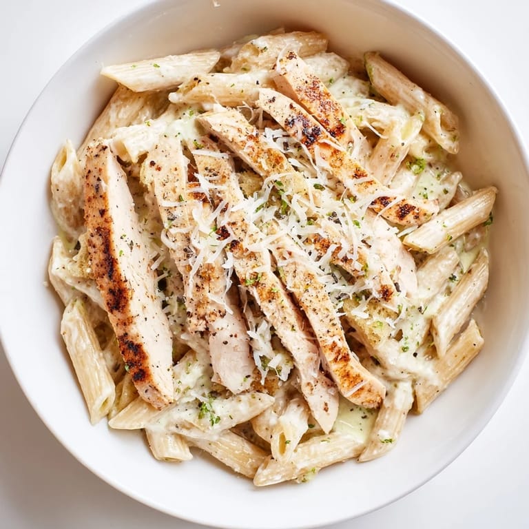 Close-up of a Caesar Pasta Chicken Bowl, featuring warm penne pasta, fresh romaine, juicy tomato halves, and grated Parmesan cheese on a rustic table.