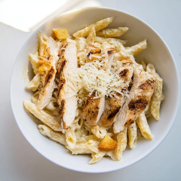A hearty Caesar Pasta Chicken Bowl served warm, with golden grilled chicken, al dente pasta, crisp romaine, and a generous sprinkle of garlic croutons.
