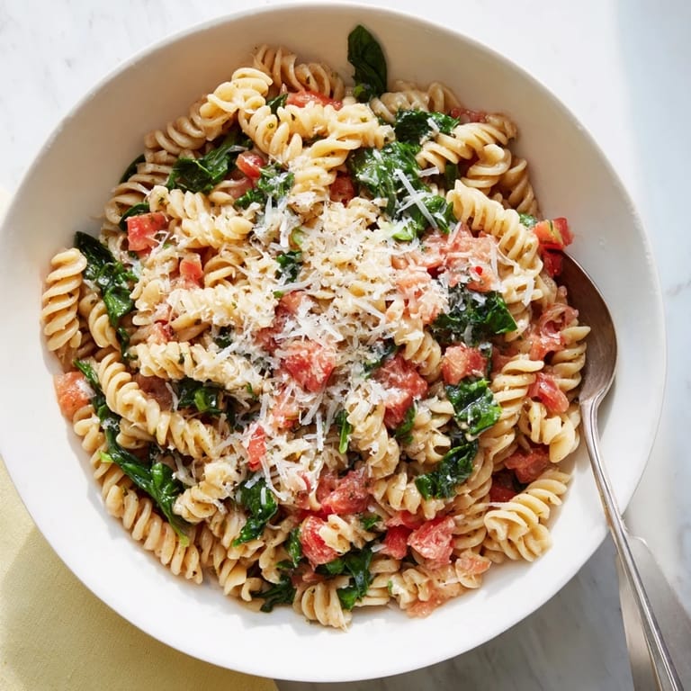 Savory vegetable broth and Parmesan cheese create a creamy sauce clinging to every spiral of this easy, comforting Tomato Spinach One-Pot Rotini.  