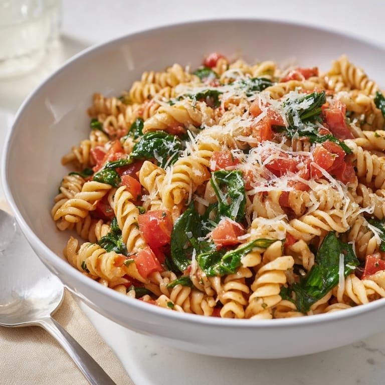 A vibrant single pot of Tomato Spinach One-Pot Rotini features wilted spinach leaves and tender pasta, ready for a quick weeknight dinner topped with extra cheese.