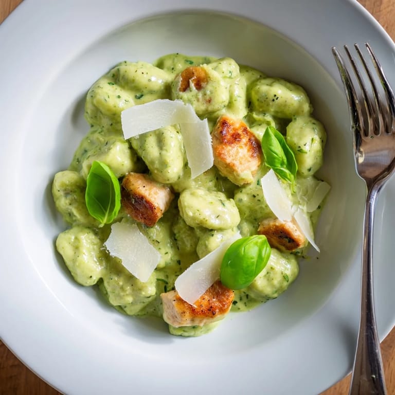 Golden pan-crisped gnocchi and juicy chicken bites coated in a creamy pesto sauce, a comforting Italian-inspired dinner.