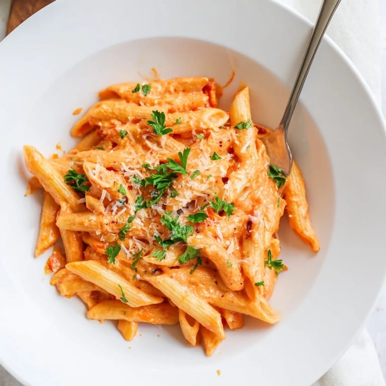 A close-up view of a steaming plate of Creamy Roasted Red Pepper Pasta, highlighting the velvety sauce clinging to each noodle.