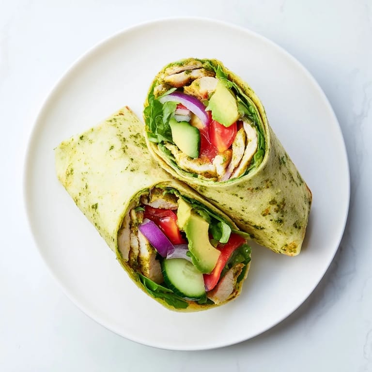 Freshly rolled chimichurri chicken salad wrap filled with colorful vegetables and tender marinated chicken, perfect for lunch.