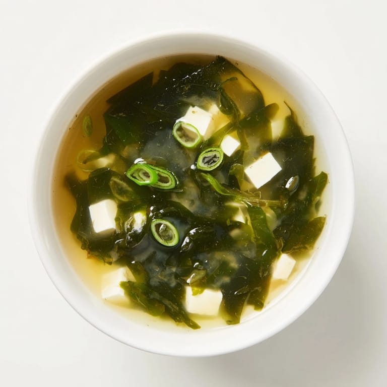 Serving suggestion for wakame soup: a clear bowl showcasing golden broth, soft tofu, and rehydrated seaweed for a light appetizer.