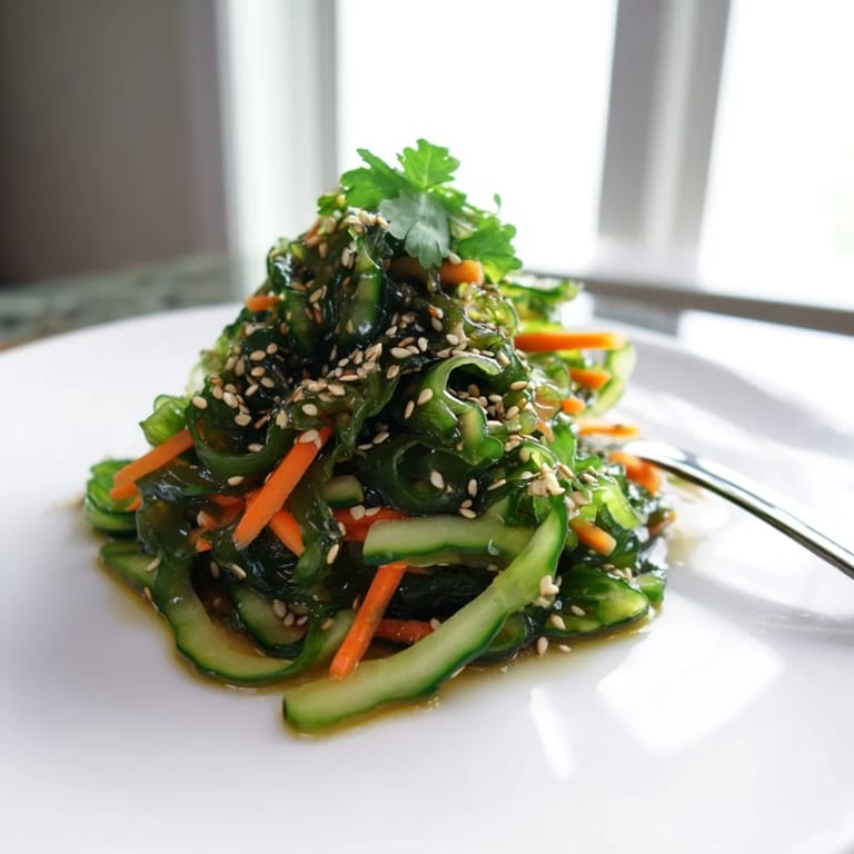 Healthy Japanese seaweed salad with julienned carrot and scallions, tossed in a sweet sesame dressing.