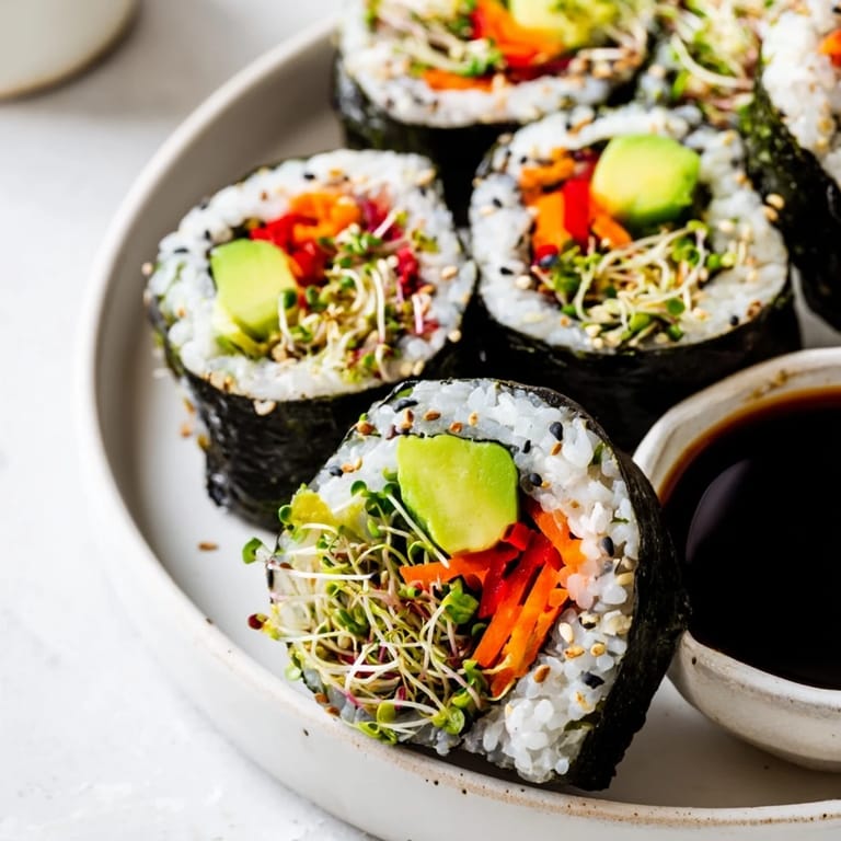 Fresh vegetable nori rolls with creamy avocado and crisp veggies, served on a wooden platter.
