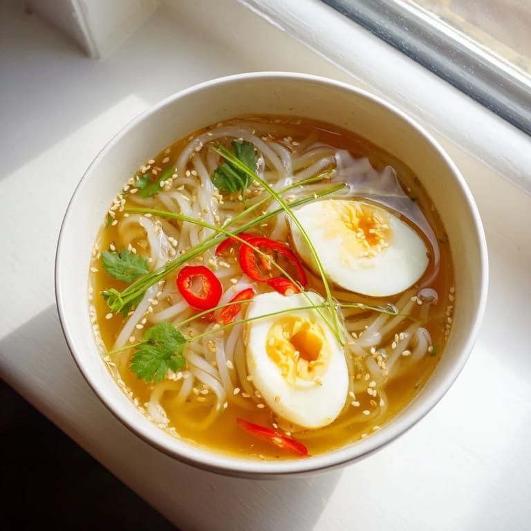 Savory Shirataki Noodles With Broth steaming in a ceramic bowl, surrounded by small dishes of ginger, sesame oil, and fresh herbs.