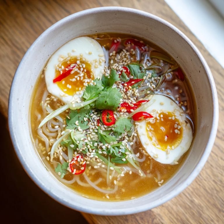 Delicious low-carb Shirataki Noodles With Broth topped with vibrant herbs and toasted sesame seeds, perfect for a light, satisfying meal.