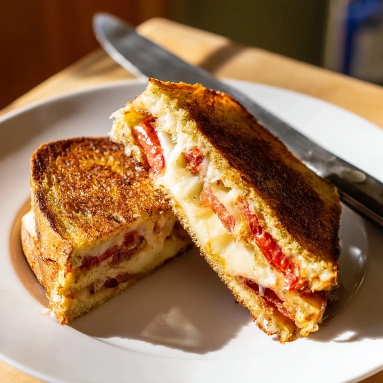 Freshly made Pepper Jack & Tomato Grilled Cheese on jalapeño bread offers a spicy kick, ideal for a cozy vegetarian meal in.