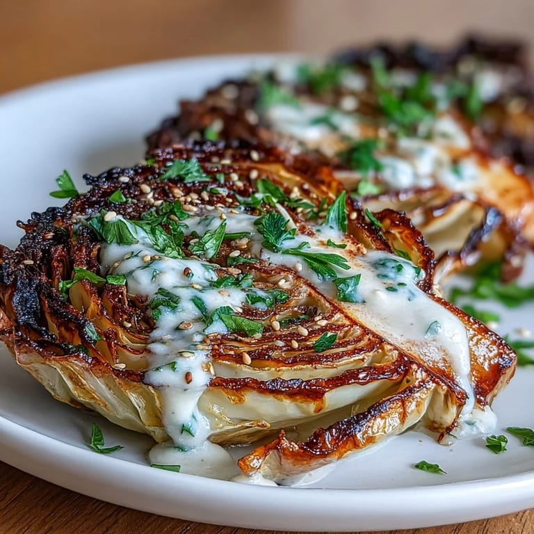 Caramelized cabbage steaks, tender and flavorful, topped with savory tahini sauce and fresh parsley.