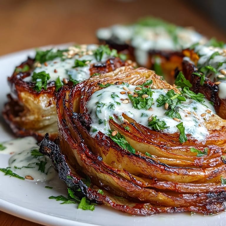 Hearty roasted cabbage steaks, perfect side dish with a rich, lemony tahini dressing.