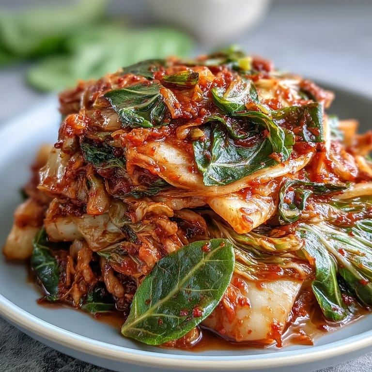 Freshly made kimchi with bright red chili flakes, a delicious, crunchy side dish.