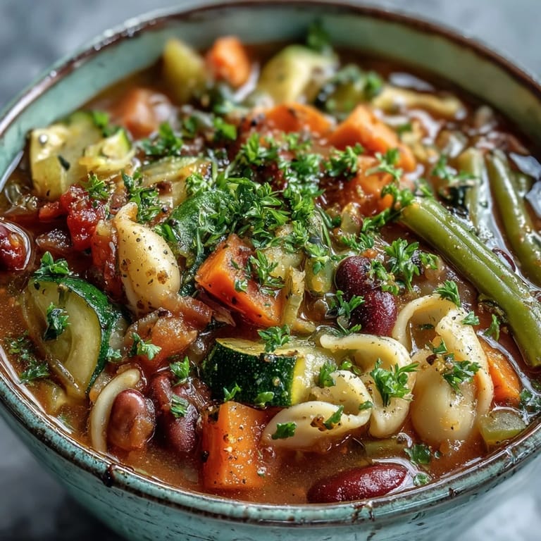 Close-up of steaming Vegetable Minestrone, showing diced carrots, zucchini, and beans in a flavorful Italian broth, ready to serve.