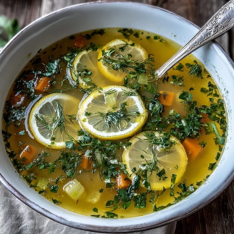 Spooning a ladle of bright Lemon Herb Soup into a white bowl, showcasing the citrusy broth and rice.