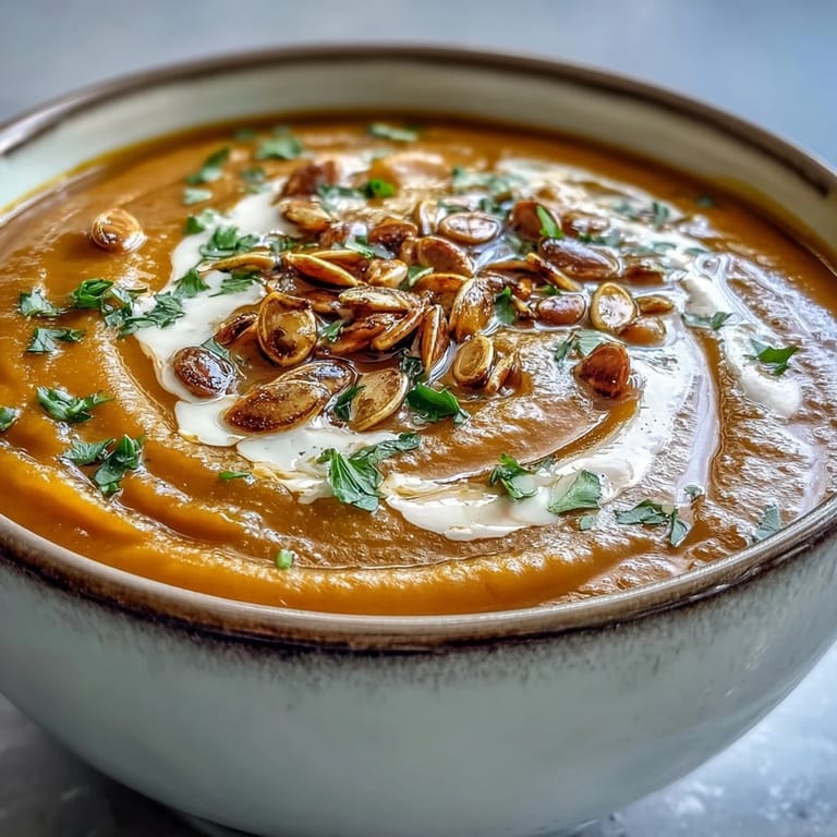 A warm bowl of pumpkin soup served with a crusty bread slice on the side.