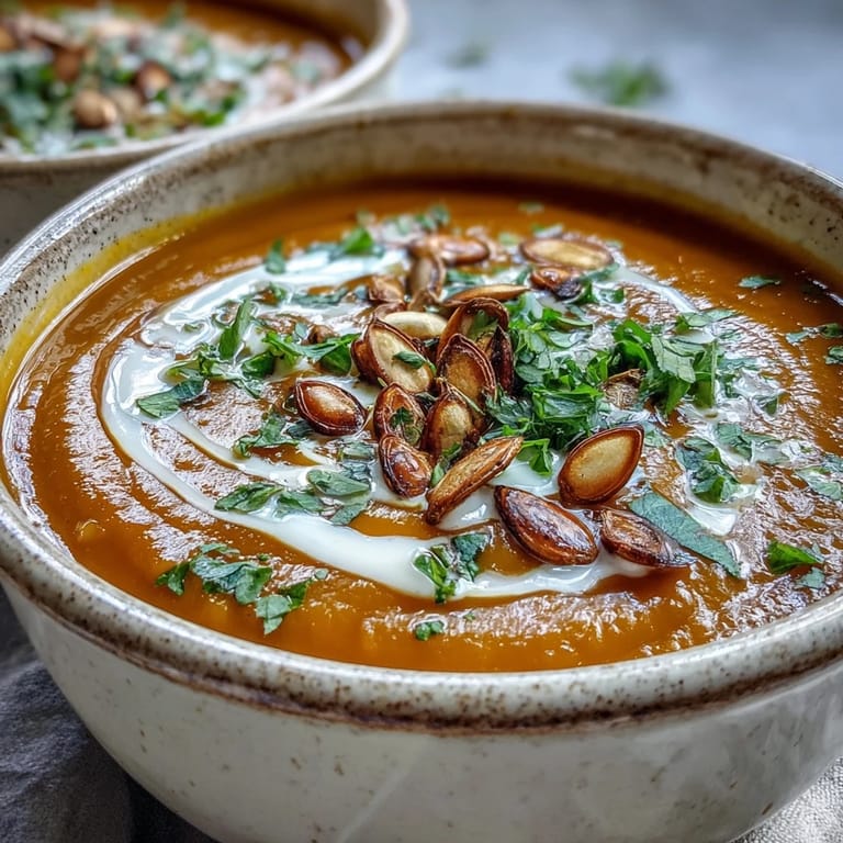 Velvety pumpkin soup in a white bowl, drizzled with cream and sprinkled with fresh parsley.