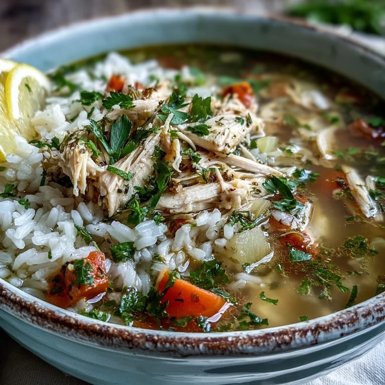 Hearty Cozy Winter Chicken and Rice Soup served in a rustic bowl, garnished with fresh parsley.