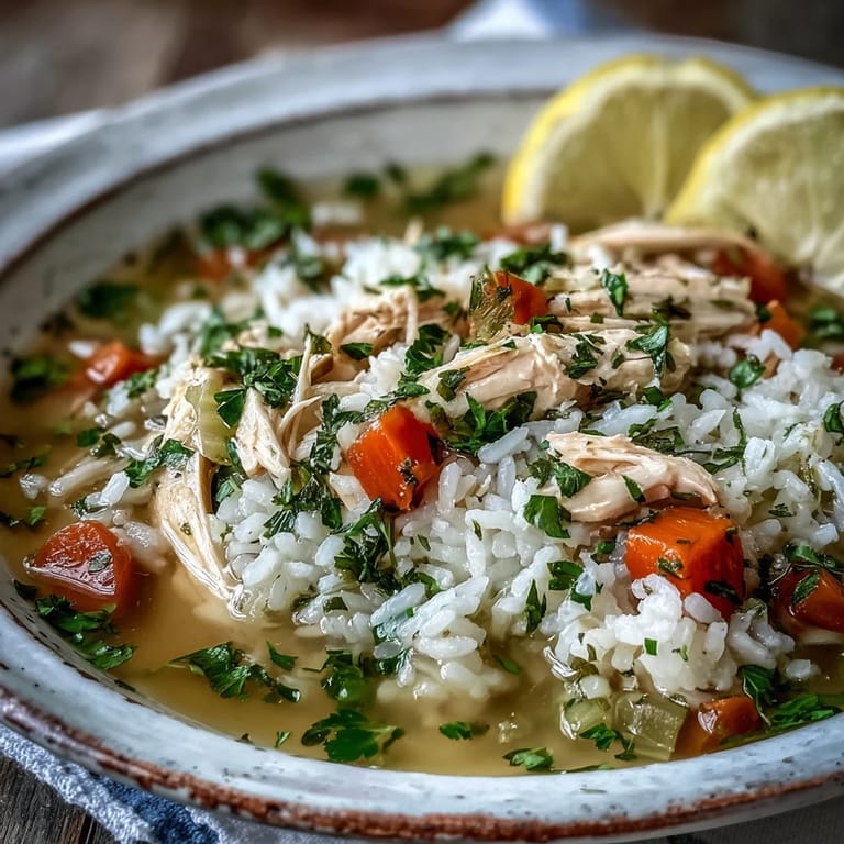 Close-up of homemade Cozy Winter Chicken and Rice Soup revealing fluffy rice and aromatic herbs.