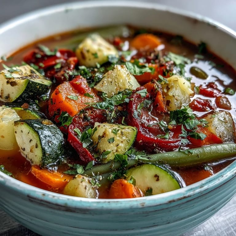 Close-up of ladle serving Italian Herb Vegetable Soup, highlighting spinach leaves and aromatic herbs.