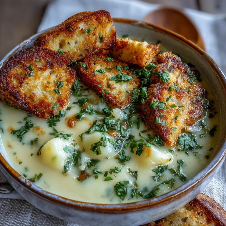 Warm Garlic and Herb Soup with golden croutons floating in a velvety, herb-infused broth.