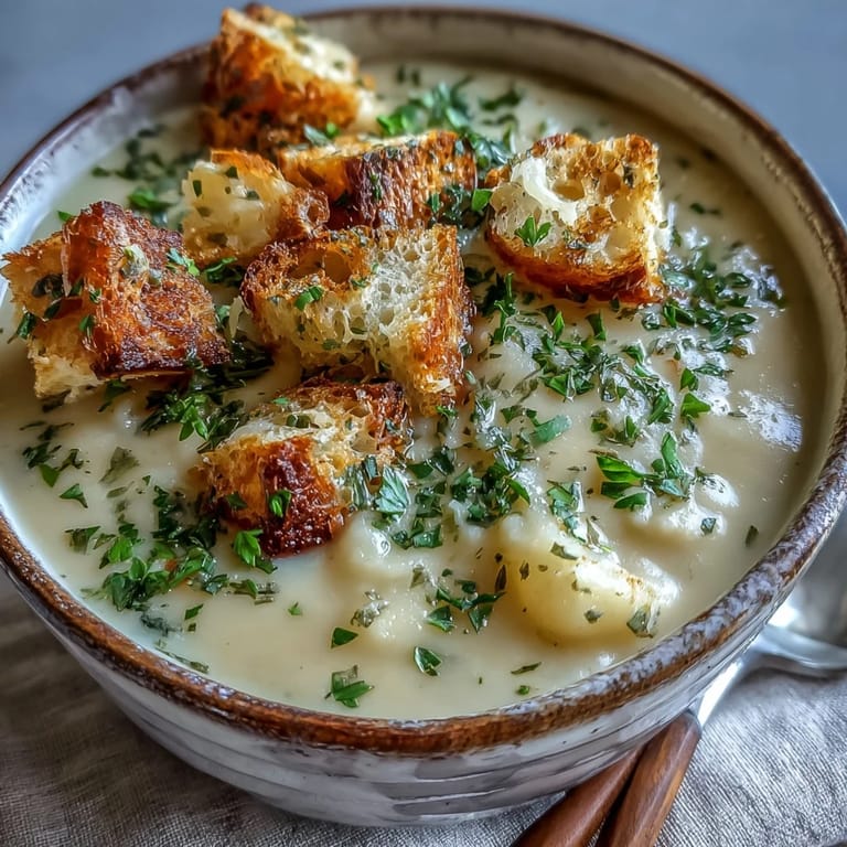 Steaming bowl of Garlic and Herb Soup, showcasing a smooth texture and vibrant green garnish.