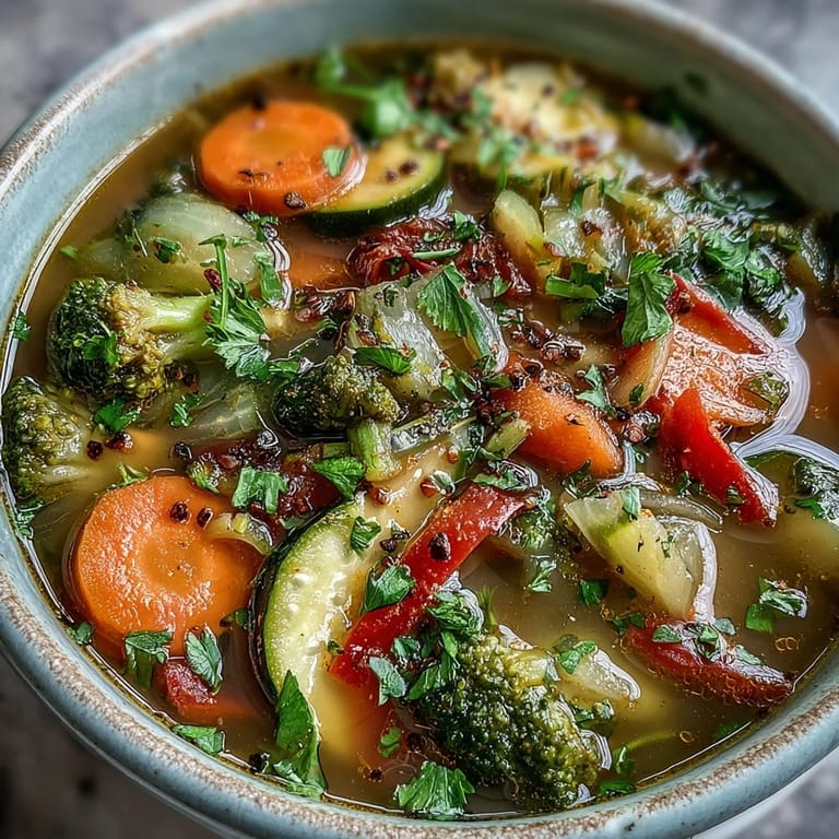 Steam rises from a vibrant pot of ginger vegetable soup, filled with colorful broccoli, carrots, and bell peppers.