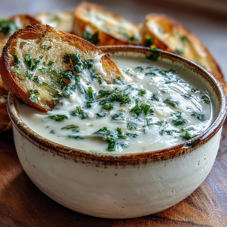 Homemade Roasted Garlic and Herb Soup puréed to a velvety texture, garnished with fresh parsley and ready to enjoy.