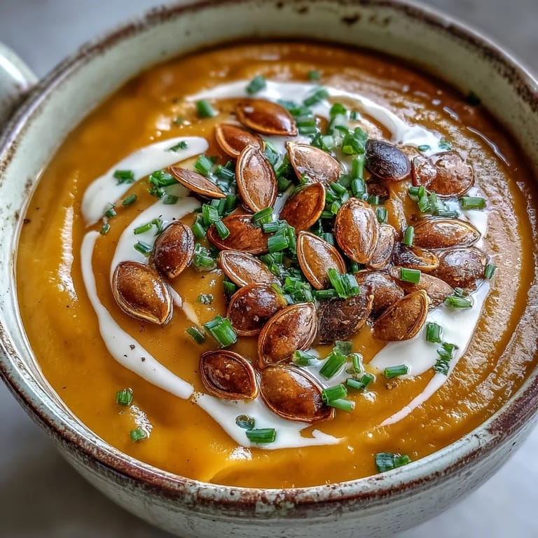 A spoon dips into velvety Acorn Squash Soup, revealing its silky texture and warm, comforting spices.