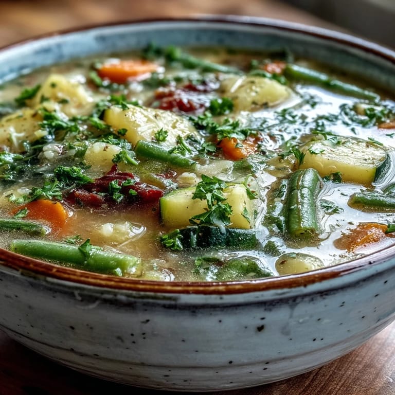 Creamy Parmesan Veggie Soup served with crusty bread alongside the bowl.
