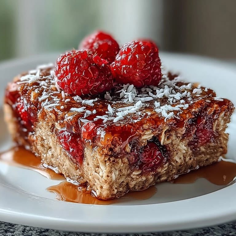 A hearty slice of Baked Oatmeal with Raspberry and Coconut topped with extra fresh berries.
