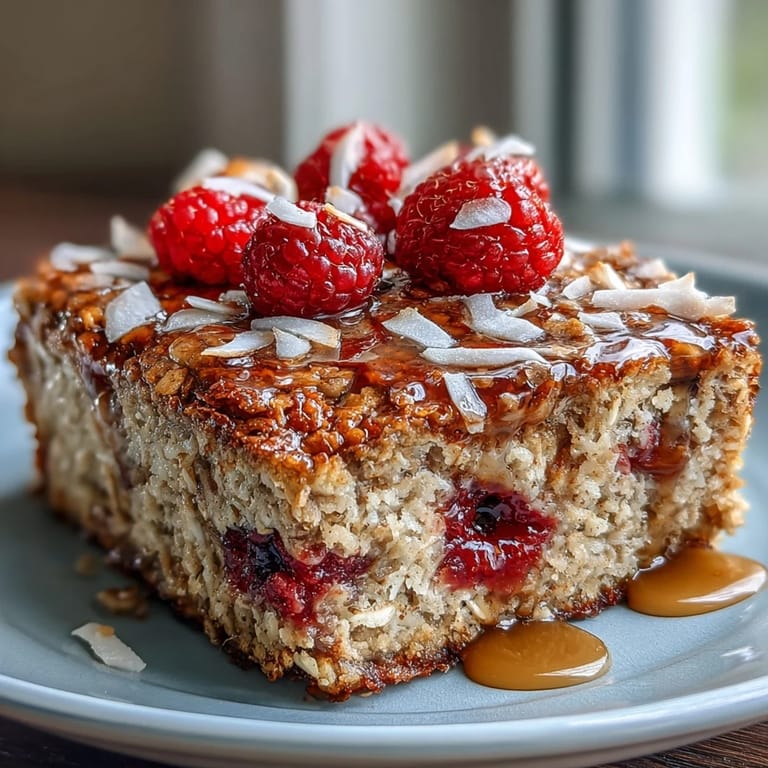 Close-up view of Baked Oatmeal with Raspberry and Coconut revealing fluffy oats and toasted coconut.