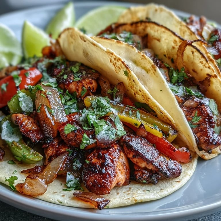 Tender slices of Easy Chicken Fajitas mixed with colorful peppers, onions, and seasoning on a wooden board.