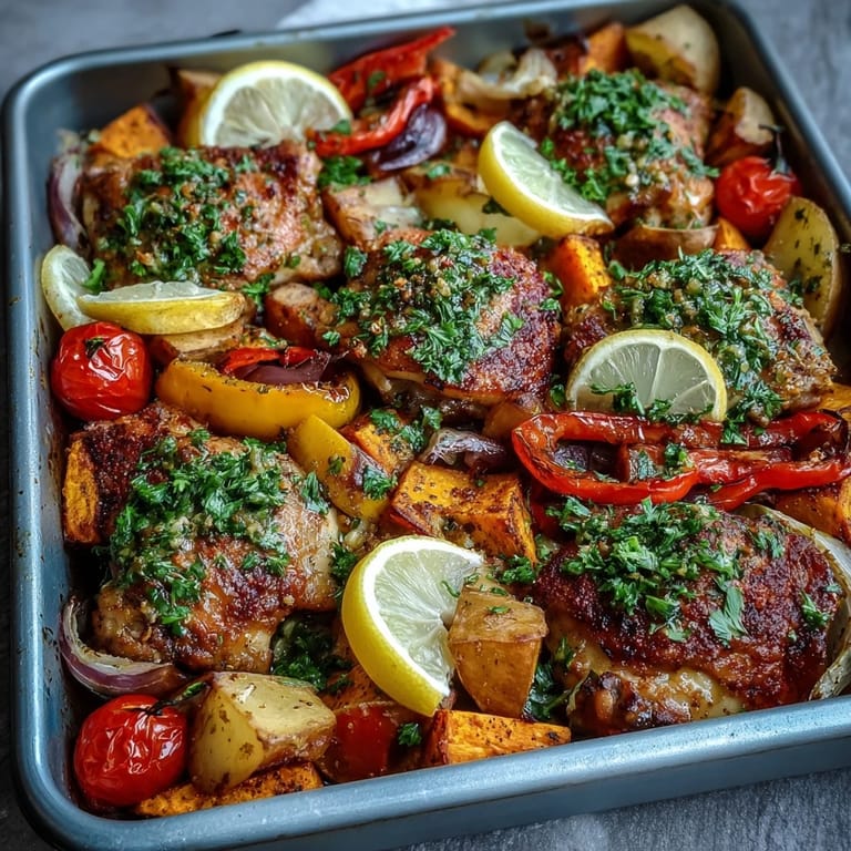 Juicy piri-piri chicken rests beside caramelized sweet potatoes and peppers in this one-pan Chicken and Sweet Potato Traybake. 