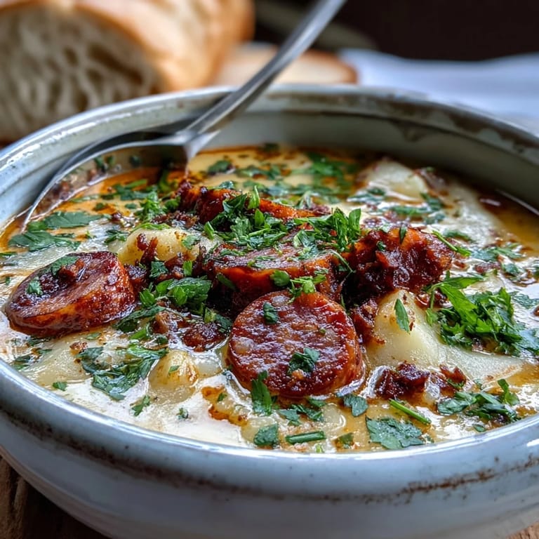 Creamy Potato, Leek and Chorizo Soup in a white bowl next to crusty bread and sliced leeks.