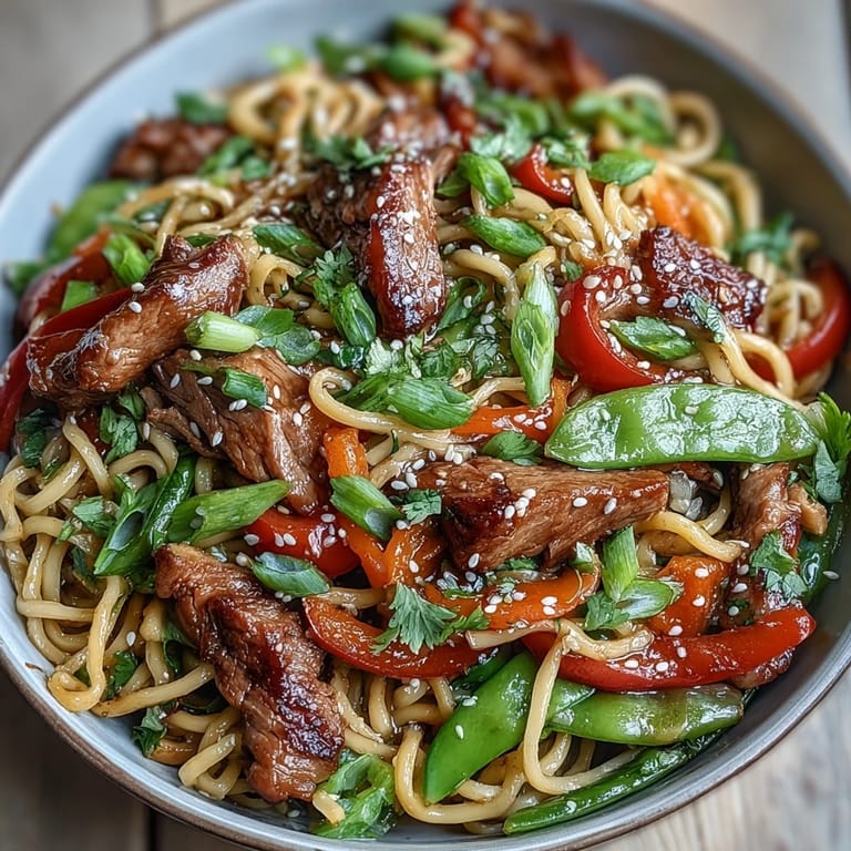 The steaming skillet offers a quick weeknight dinner, finished with fresh green onions and sesame seeds.