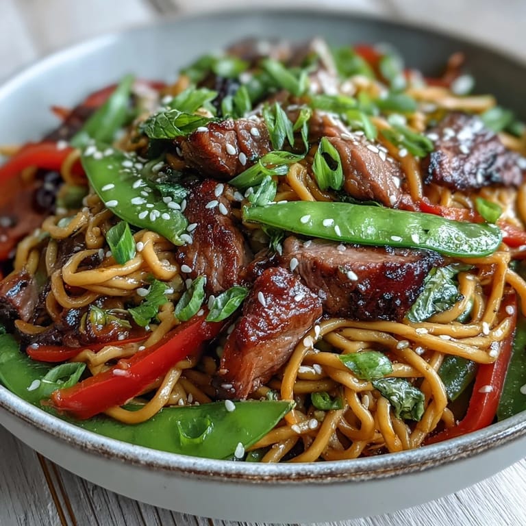 Served in a bowl, the Pork Noodle Stir-Fry looks ready to enjoy with a side of chili oil.